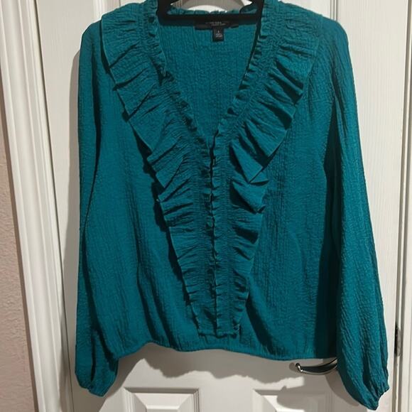 Andrew Marc New York Turquoise Ruffle Neck Top long Sleeve Sz S - Picture 3 of 12